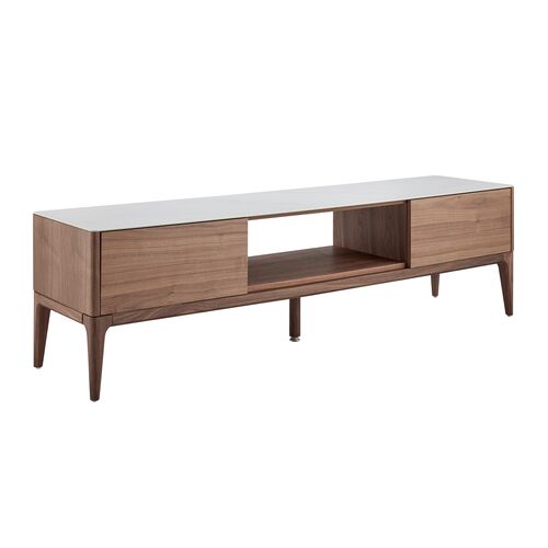 Cerawood 71" Media Stand, White Ceramic Glass/Walnut