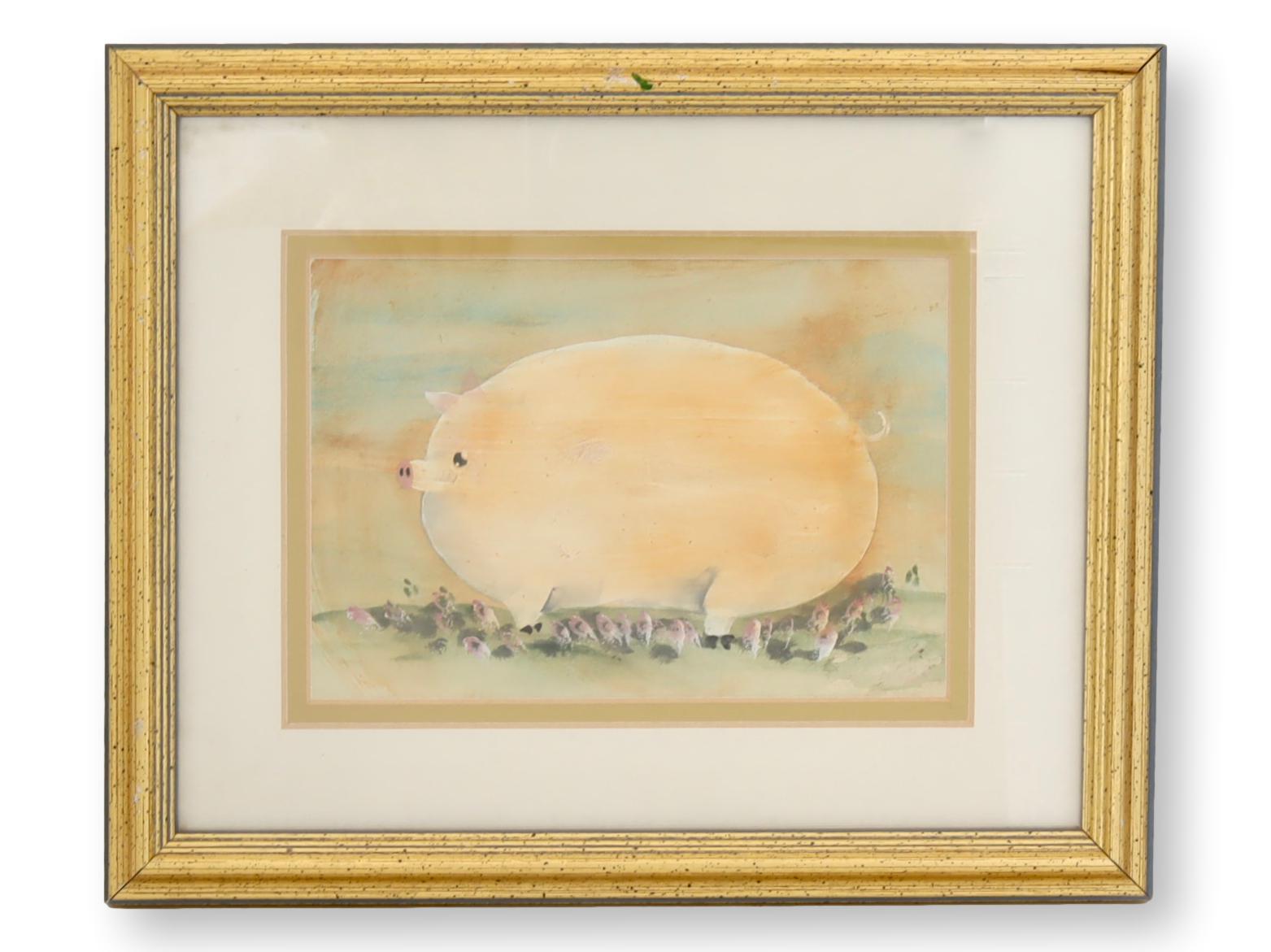 Framed Folk Art Pig Water Color~P77681649