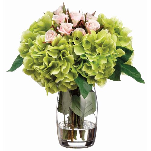 13" Hydrangea and Rose Arrangement in Vase, Pink