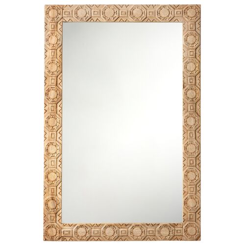 Relief Wood Carved Rectangular Wall Mirror, Natural