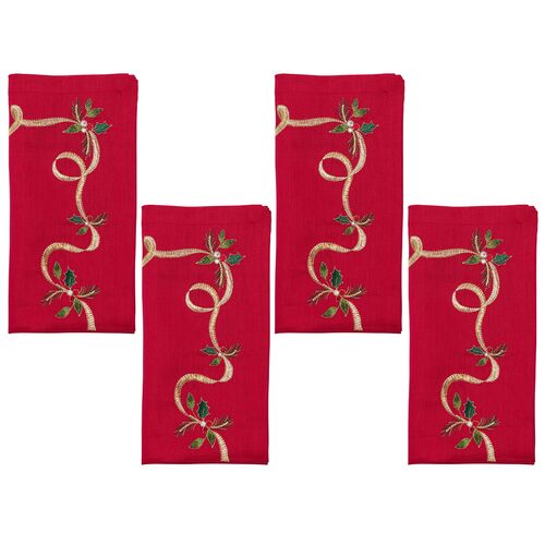 S/4 Xmas Ribbon Napkin