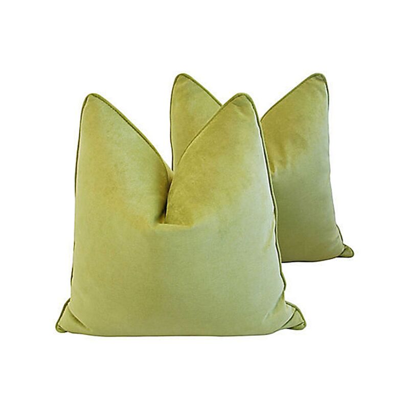 Spring Apple Green Velvet Pillows, Pair