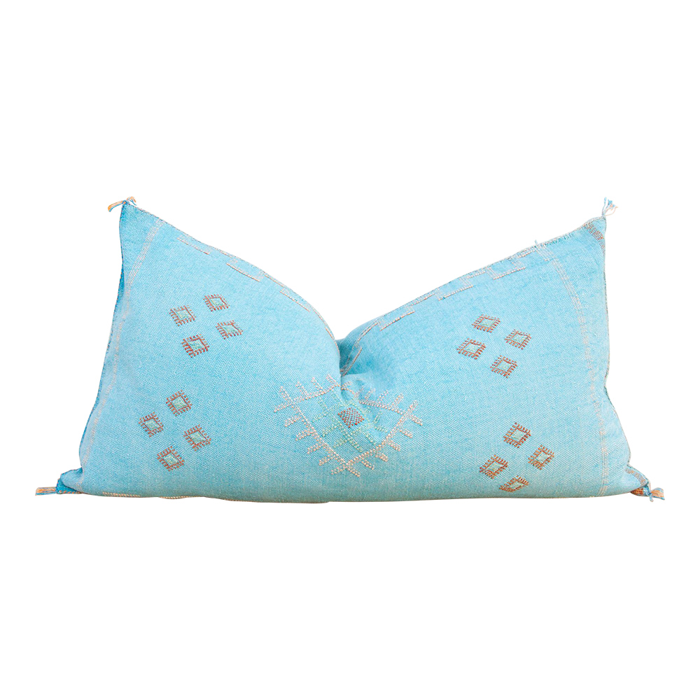 Aqua Lumbar Moroccan Silk Rug Pillow~P77662069