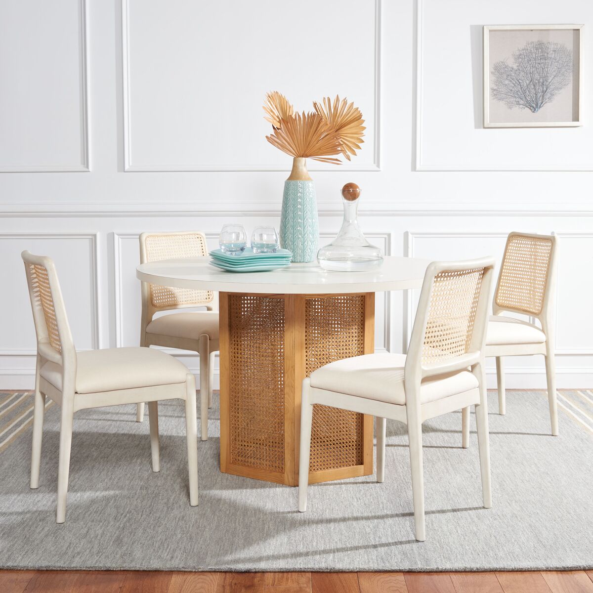 Round cane dining table and online chairs