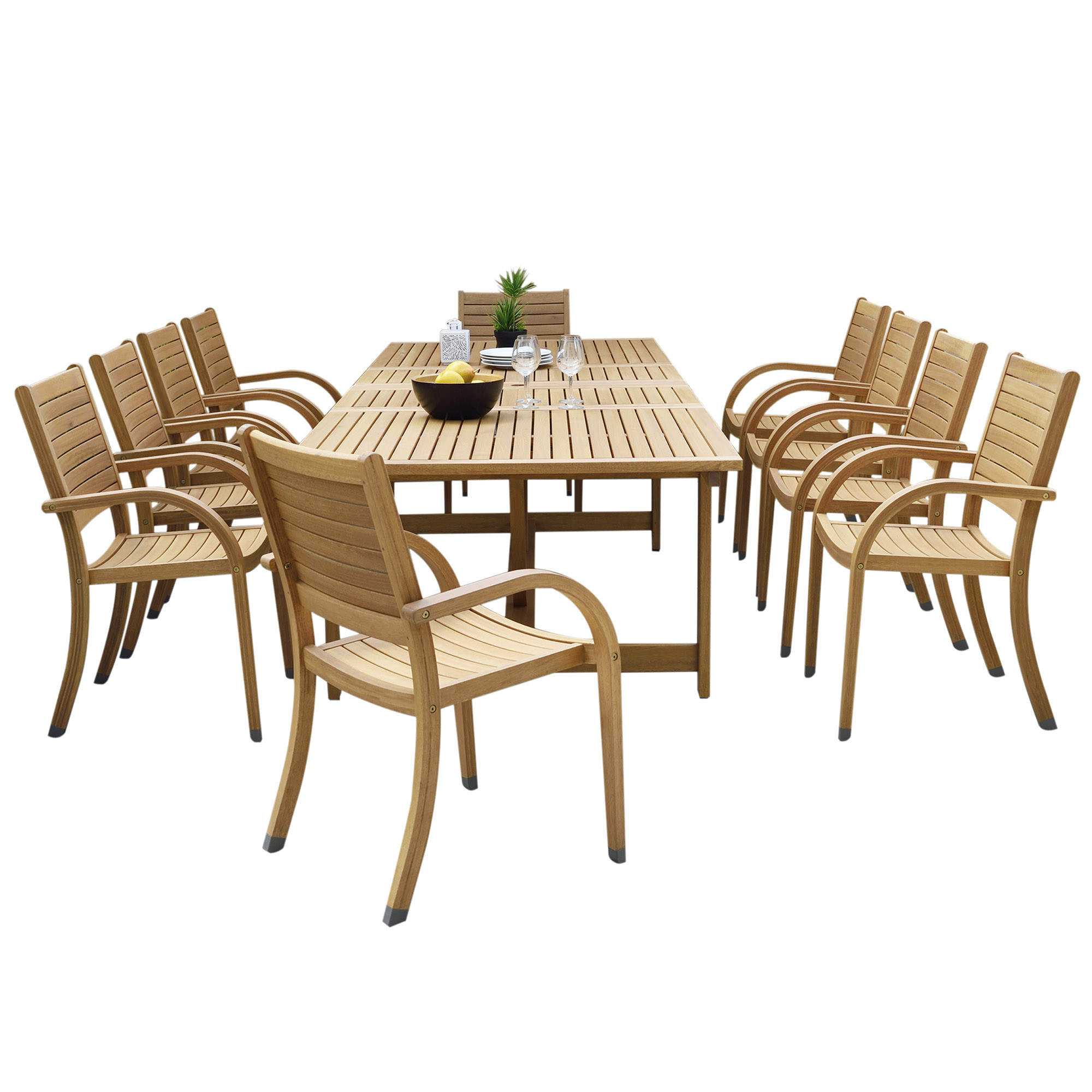 Branwyn 11-Pc Rectangular Extension Outdoor Eucalyptus Dining Set, Natural Branwyn 11-Pc Rectangular Extension Outdoor Eucalyptus Dining Set, Natural