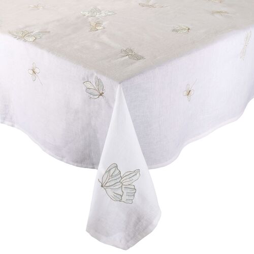 Monarch Garden Linen Tablecloth, White/Irisdescent