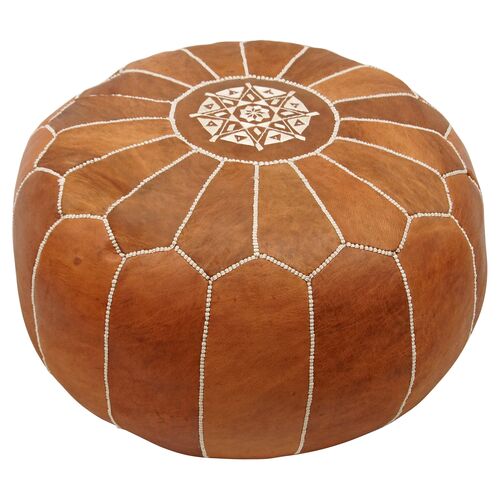 Moroccan Leather Pouf, Brown~P75439510