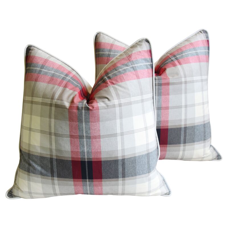 English Linen & Velvet Plaid Pillows, Pr