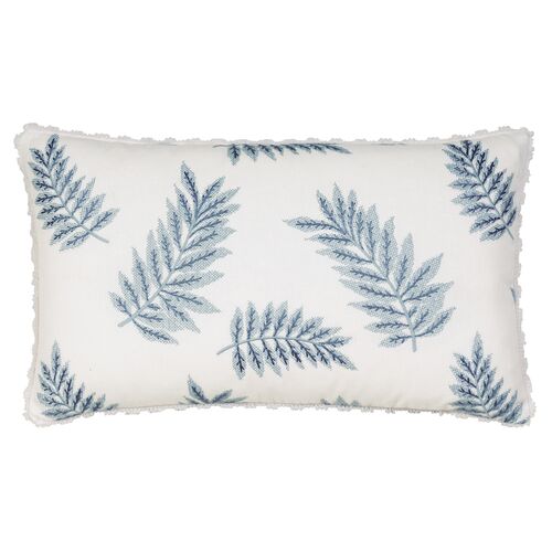 Lotty 13x22 Embroidered Leaf Lumbar Pillow, White/Blue