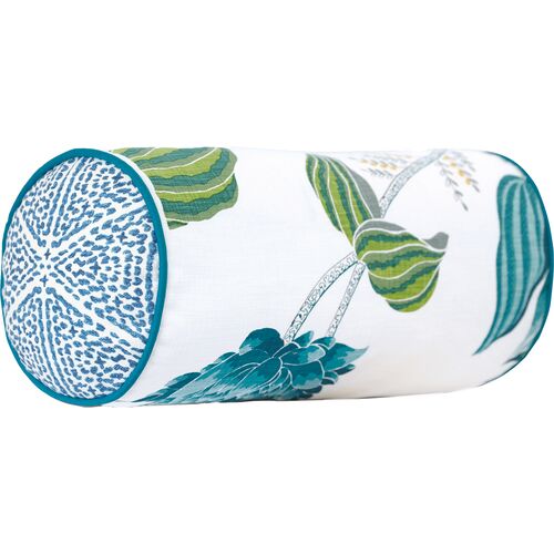 Azalea 9x18 Embroidered Bolster Pillow, Blue/Green/White