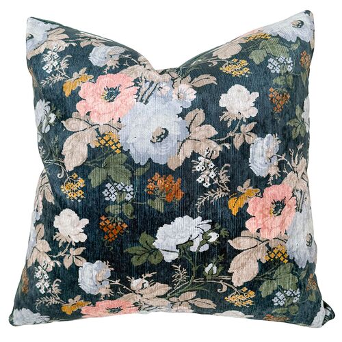Dutton Floral Velvet 20x20 Pillow, Teal Crypton