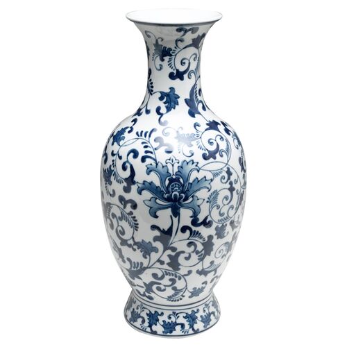 18" Floral Vase, Blue/White~P76913505
