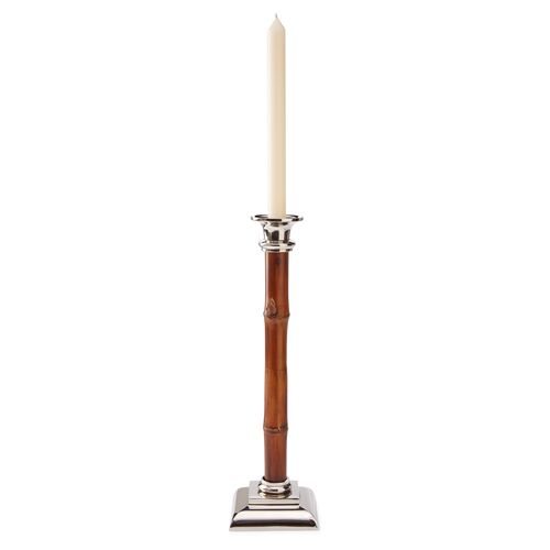 14" Bamboo Candlestick, Brown/Silver~P76618146