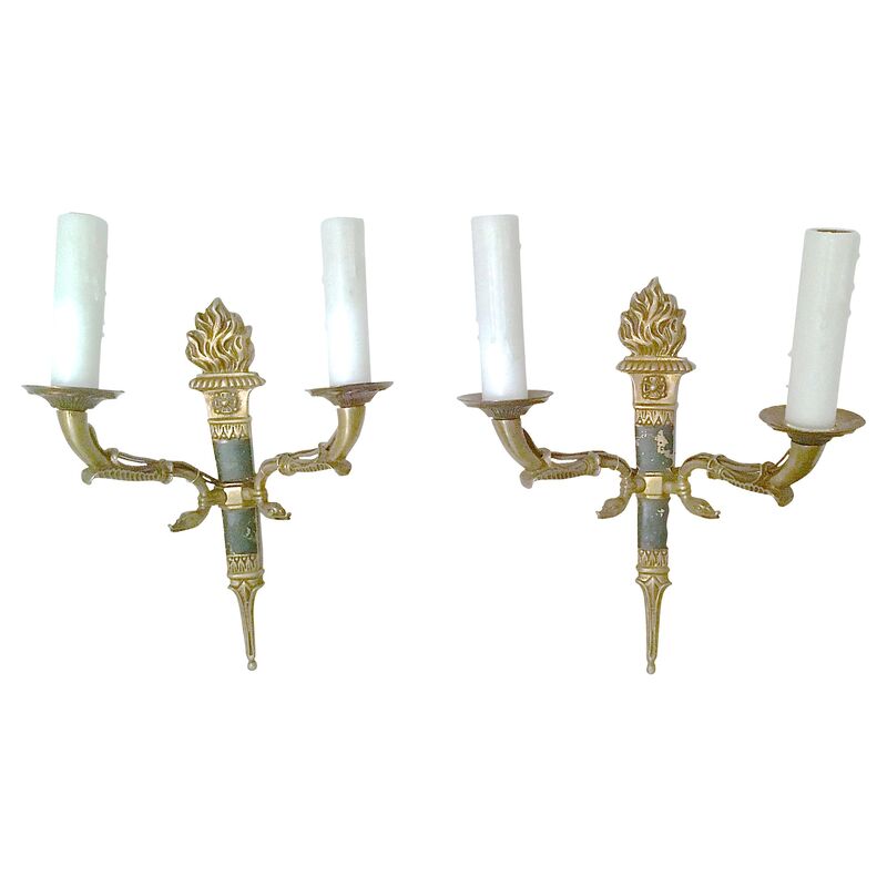 French Empire Torch & Swan Sconces, Pair