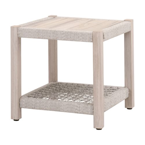 Easton Outdoor End Table, Taupe & White Flat Rope/Gray Teak