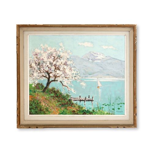 French Painting of Sailboat & Flowering Tree French Painting of Sailboat & Flowering Tree