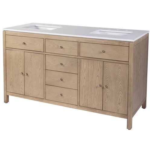 Charlie 60" Quartz Top Double Sink 4-Drawer Bathroom Vanity, Light Oak Charlie 60" Quartz Top Double Sink 4-Drawer Bathroom Vanity, Light Oak