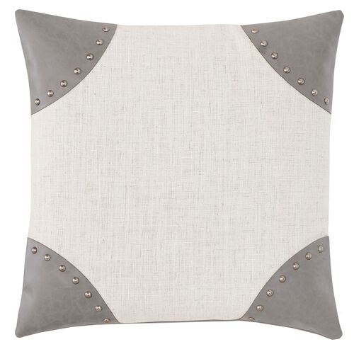 Oliver Studded Faux Leather Corner Pillow, Grey/White