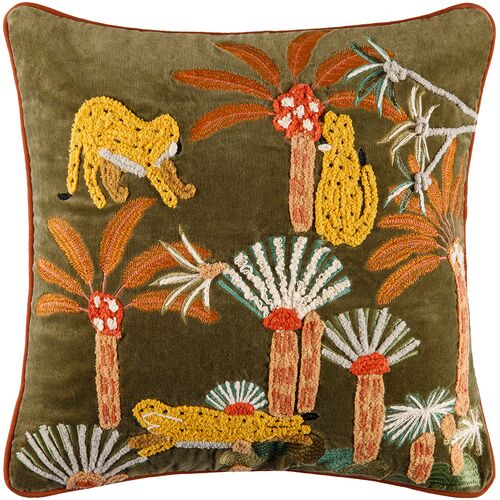 Junglesque Embroidered Pillow, Dark Green/Coral