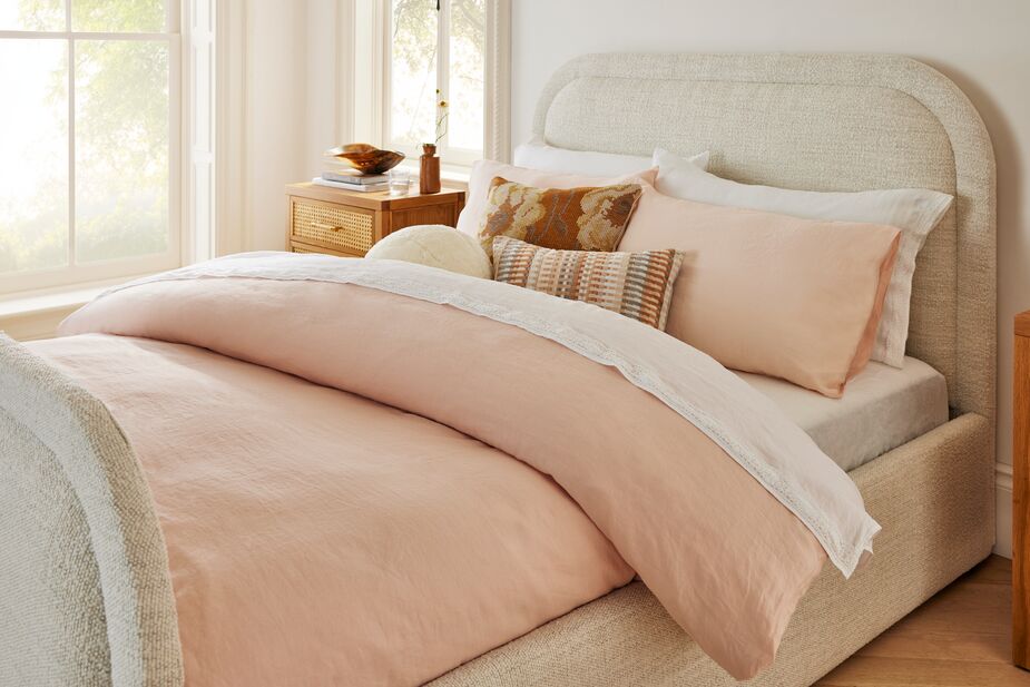 Sijo’s eco-friendly Blush bedding, available in linen or eucalyptus lyocell, takes on a peachy hue in sunlight, making it perfect for waking up to.
