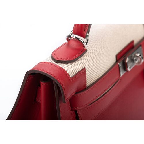 Hermes Kelly 32 Sellier Rouge Piment Swift and Toile Berline