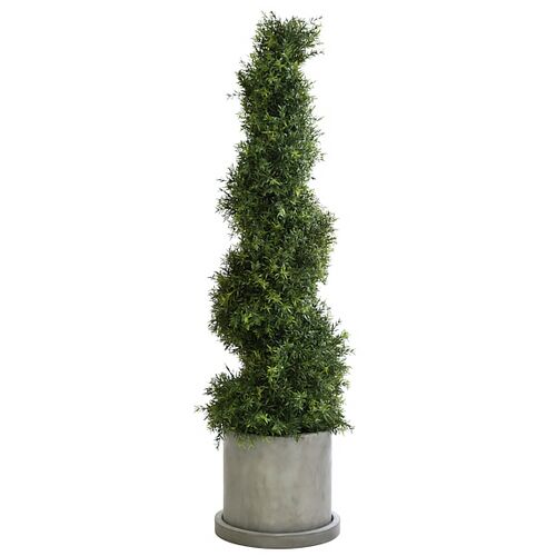 58"Japanese Yew Spiral Topiary in Concrete Planter, Faux