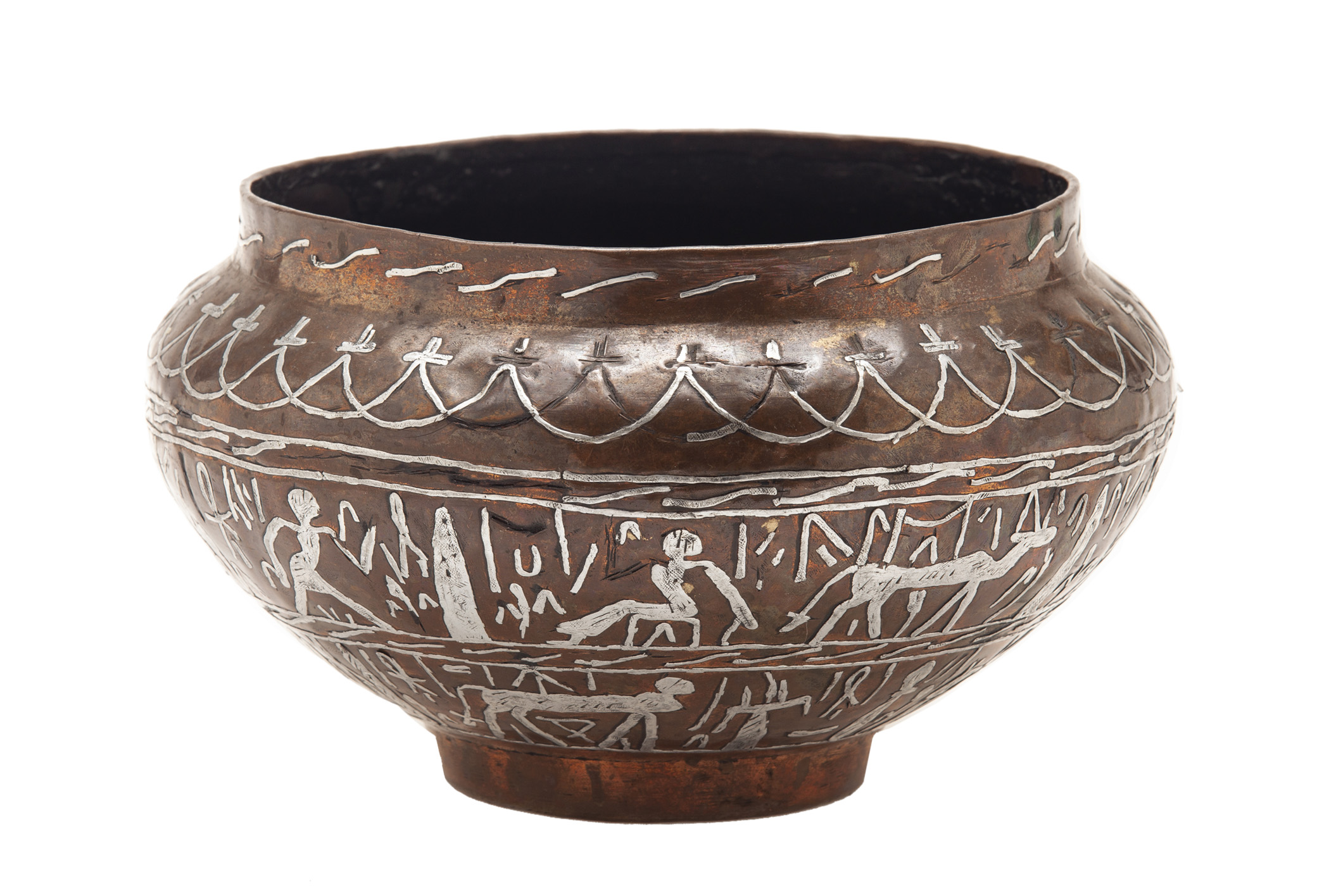 Egyptian Copper Cache Pot/ Silver Inlay~P77666901