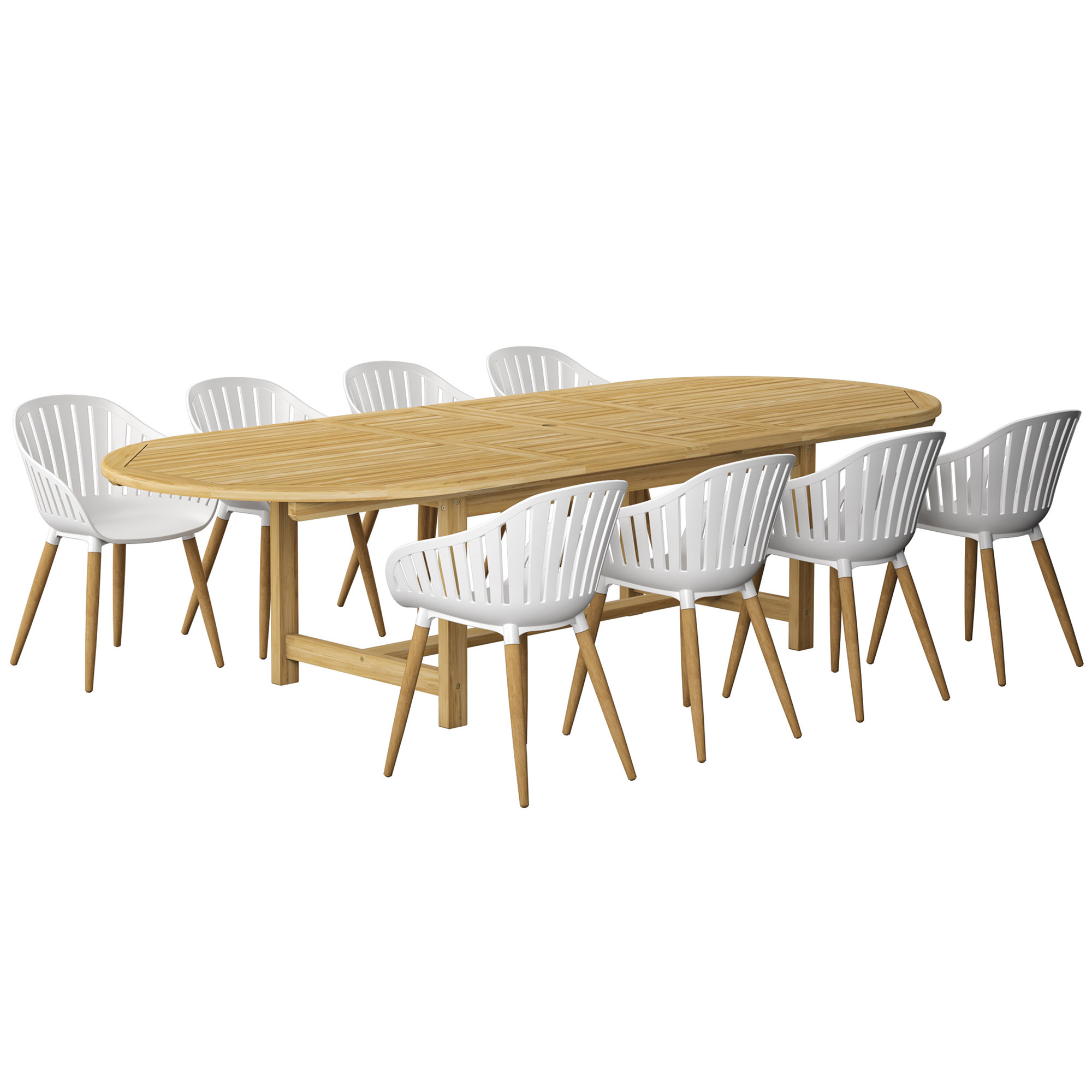 Cayana 9-Pc Oval Deluxe Extension Outdoor Teak Dining Set, Natural/White