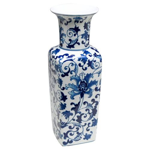 17" Floral Square Vase, Blue/White~P76913506