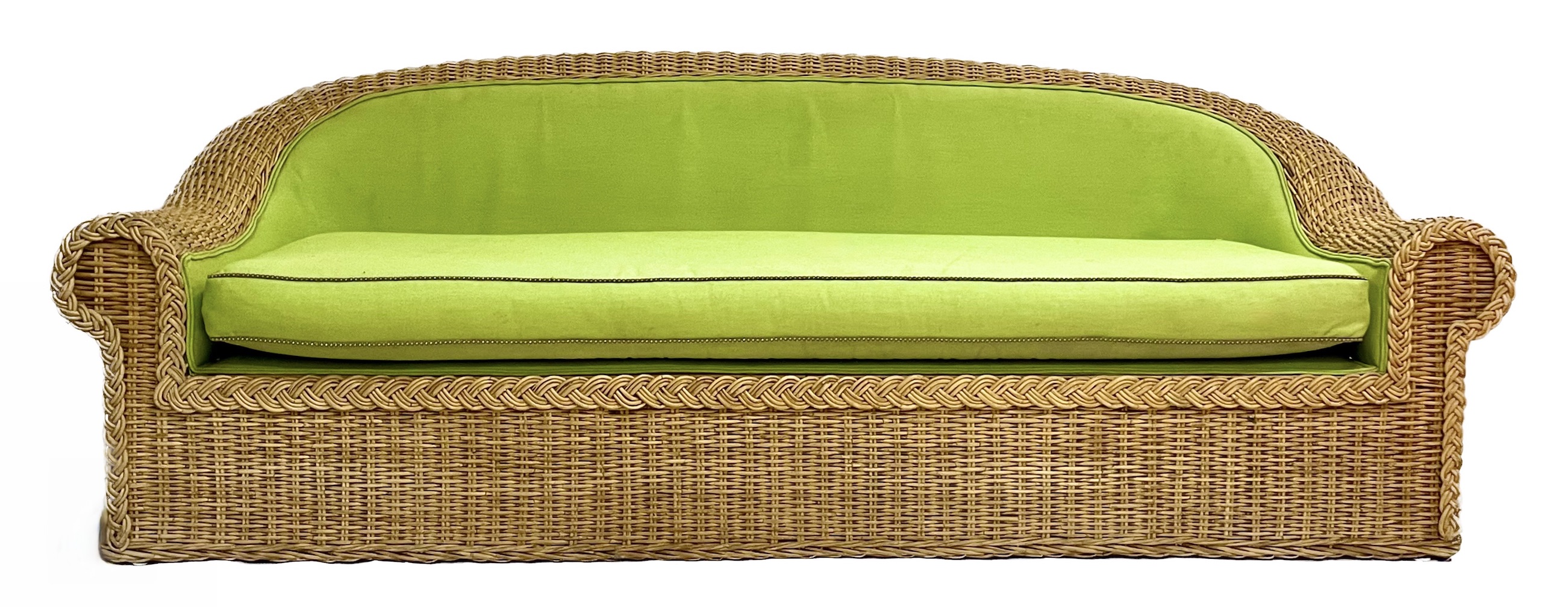 Large Green Upholstered Rattan Sofa~P77681940