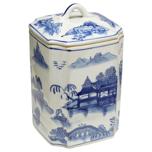 8" Square Willow Ginger Jar, Blue