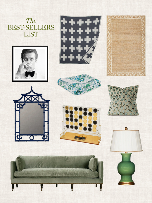 Clockwise from top right: Orchard Ripple Rug, Trinka Pillow in Spa Green, Emmy Couture Table Lamp in Green, Margot Sofa in Moss Velvet, Chinoiserie Wall Mirror in Cobalt, Shaken Not Stirred, Swiss Cross Cotton-Blend Throw in Smoke, Pomegranate Quilt, and Lucite Connect Four.
