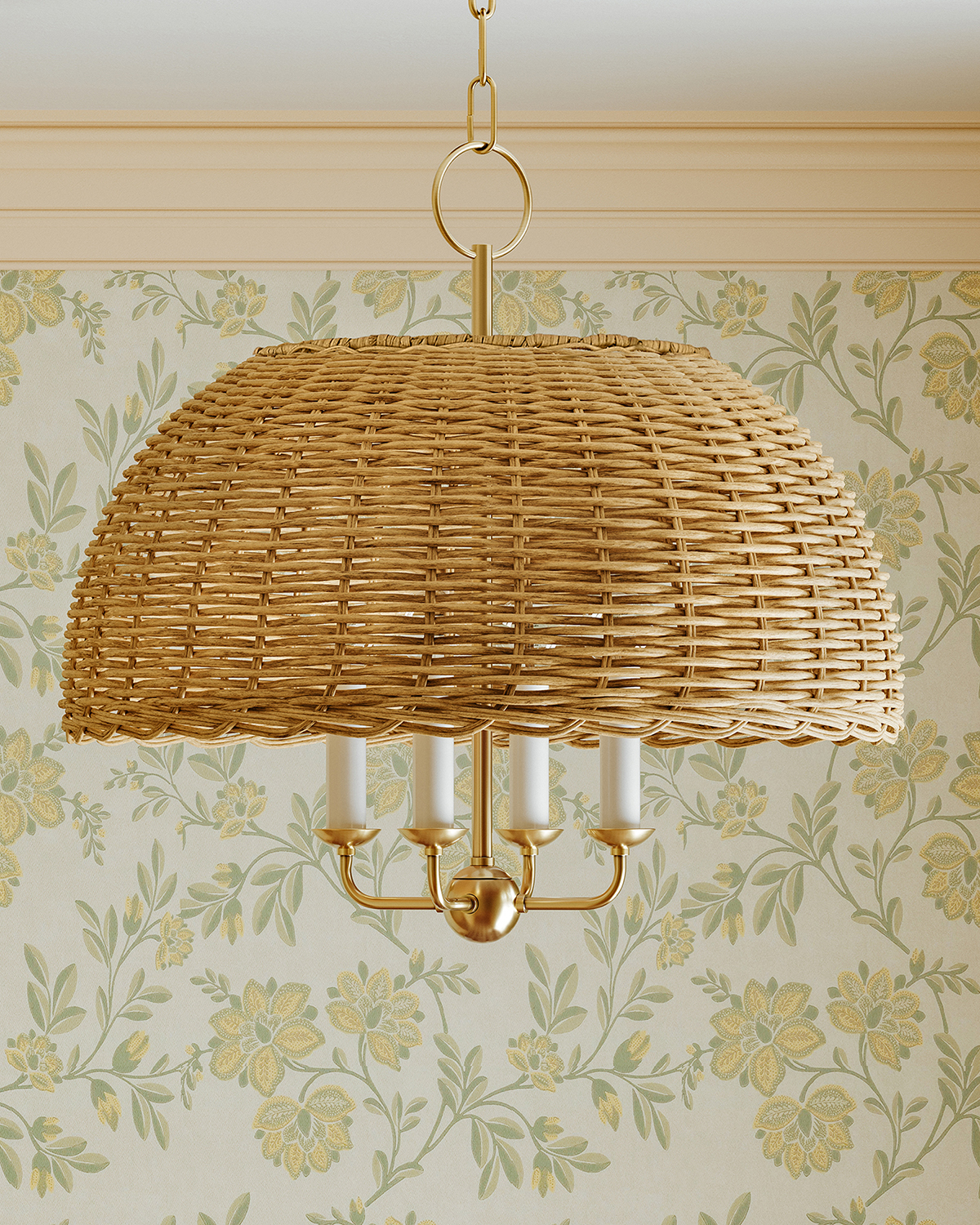 Emely Rattan Dome Chandelier, Natural/Aged Brass