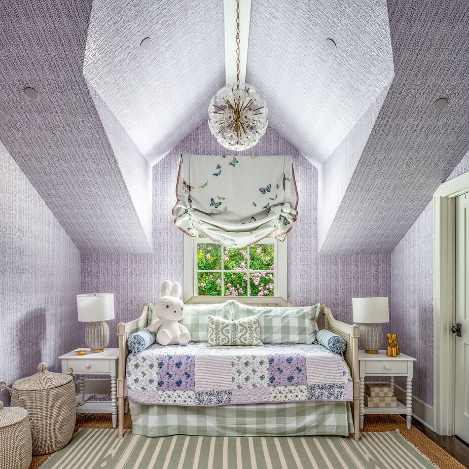This bedroom’s classic furnishings should see the Epps’ daughter through her teen years (with or without the oversize Miffy doll). Find a similar chandelier here.  

