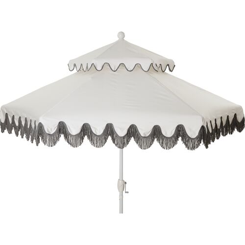 Daiana Two-Tier Fringe Patio Umbrella, White/Gray Fringe~P77524366