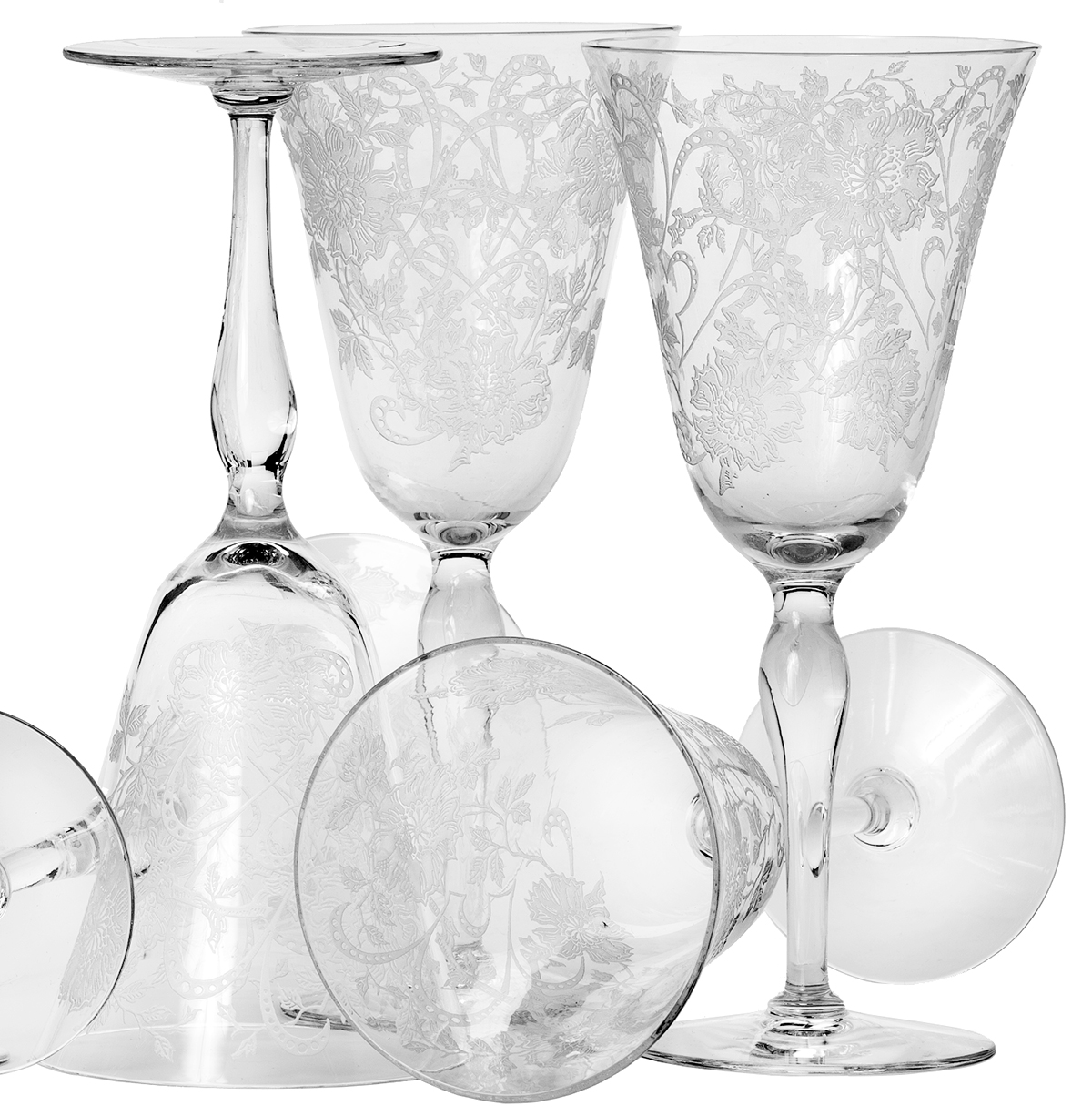 French Etched Crystal Wine Glasses Set/8~P77672147
