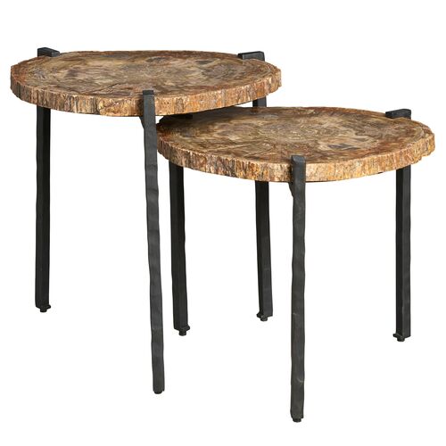 S/2 Summit Grove Bunching Tables, Petrified Wood Stone/Cast Iron S/2 Summit Grove Bunching Tables, Petrified Wood Stone/Cast Iron