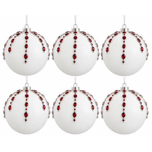 S/6 6" Rhinestone Glass Ball Ornament, Red S/6 6" Rhinestone Glass Ball Ornament, Red