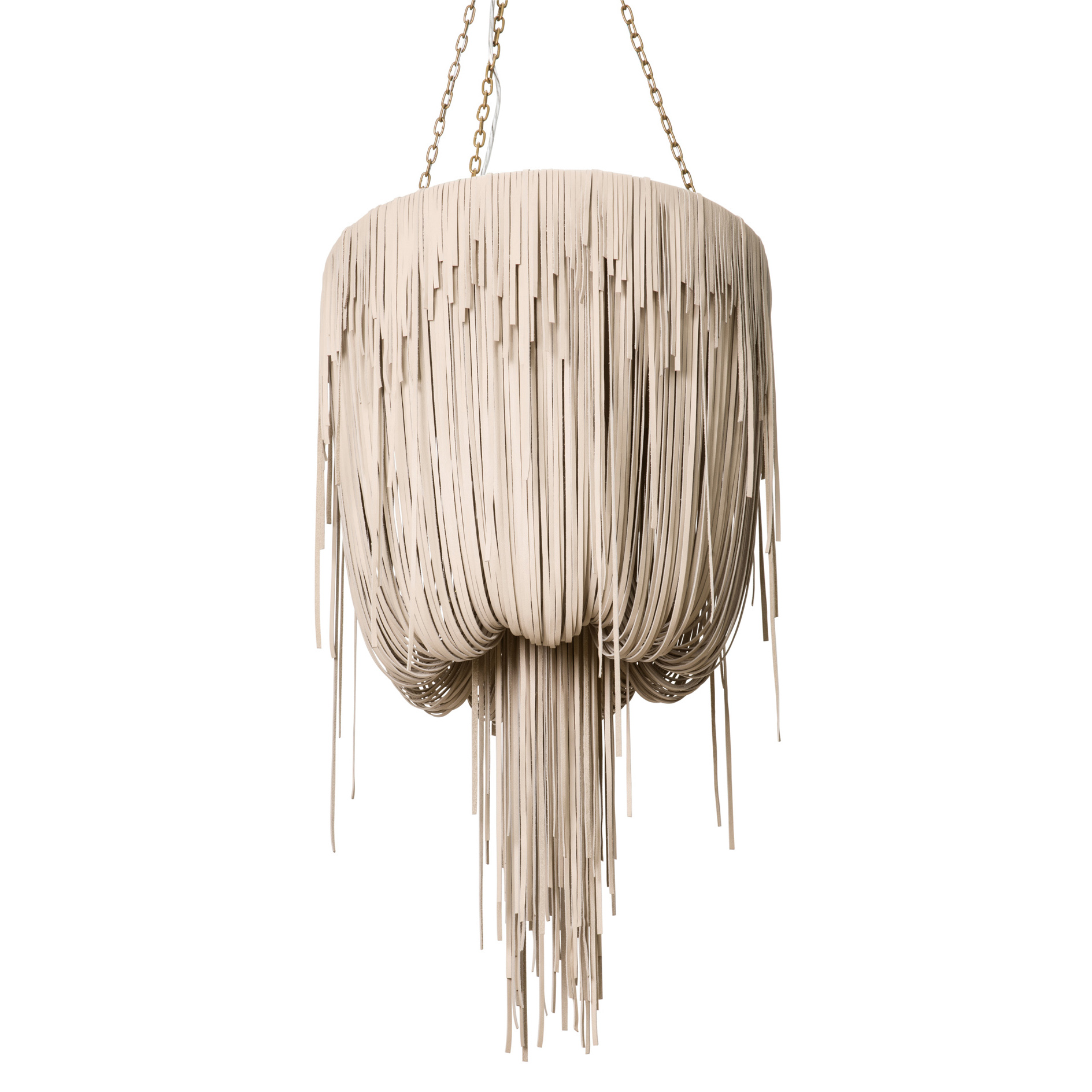 Small Round Urchin Leather Fringe Chandelier, Cream-Stone