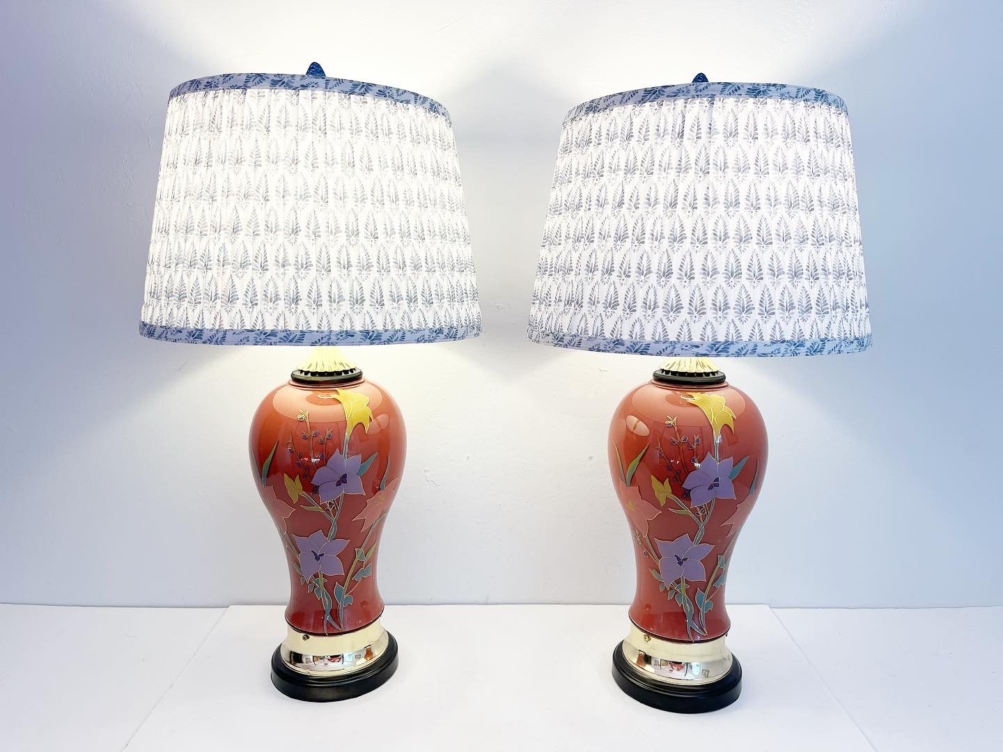 1970s Floral Vase Lamps & Shades, Pair~P77678569