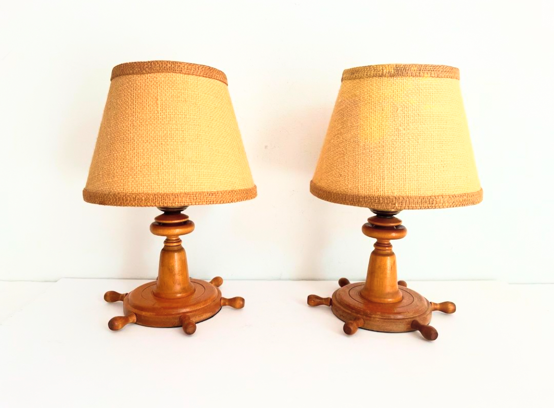 Wood Ship's Wheel Lamps & Shades, Pair~P77704803