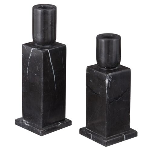 S/2 Lithos Marble Candle Holders, Black S/2 Lithos Marble Candle Holders, Black