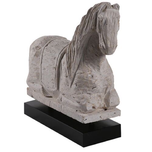 16.5" Sitting Horse Statue on Wood Base, Travertine