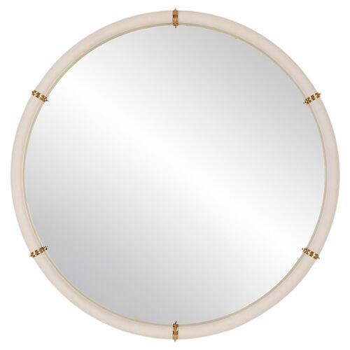 Ophelia Faux Shagreen Leather Wrap 43" Round Wall Mirror, White/Gold