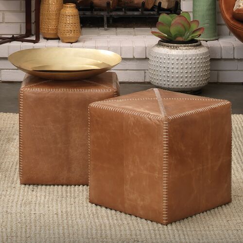 Tanner Leather Square Pouf - Camel - Jamie Young - Orange