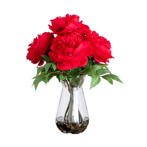 16in. Artificial Peony Arrangement in Glass Vase