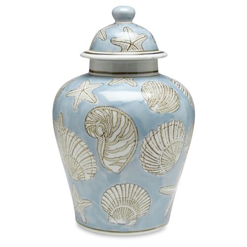 10" Seashell Ginger Jar, Blue/White~P76889709