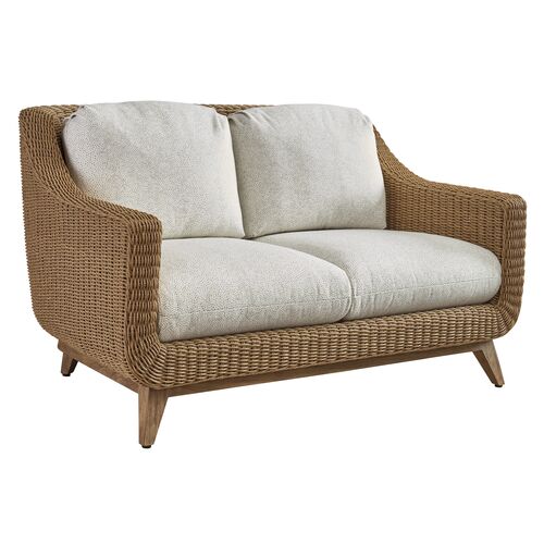 Isle Of Palms Outdoor Wicker/Teak Loveseat, Textured White/Ivory Sunbrella Isle Of Palms Outdoor Wicker/Teak Loveseat, Textured White/Ivory Sunbrella