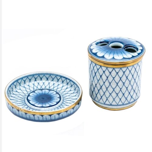 Blue and White Diamond Tooth Brush Holder and Soap Dish Set