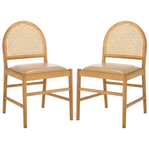 S/2 Melly Rattan Leather Seat Dining Side Chairs